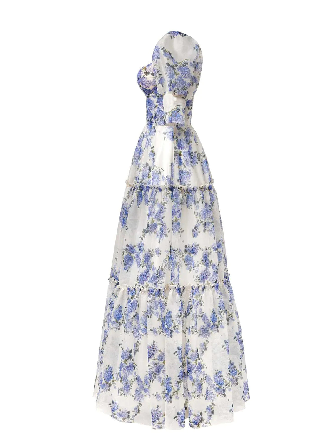 Floral dress with blue and white pattern on a white background. #Color_Blue