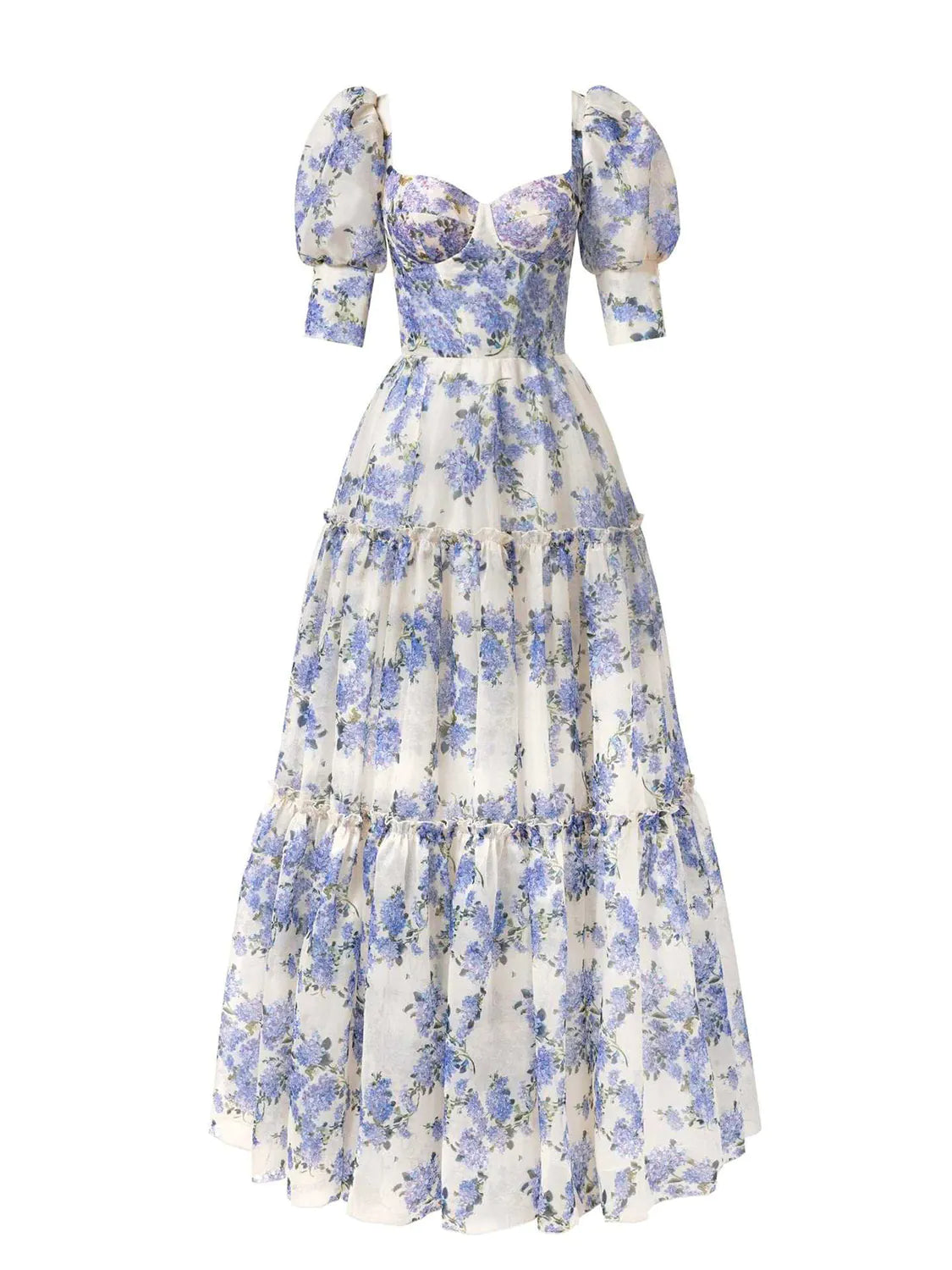 Floral dress with blue and white pattern on a white background. #Color_Blue