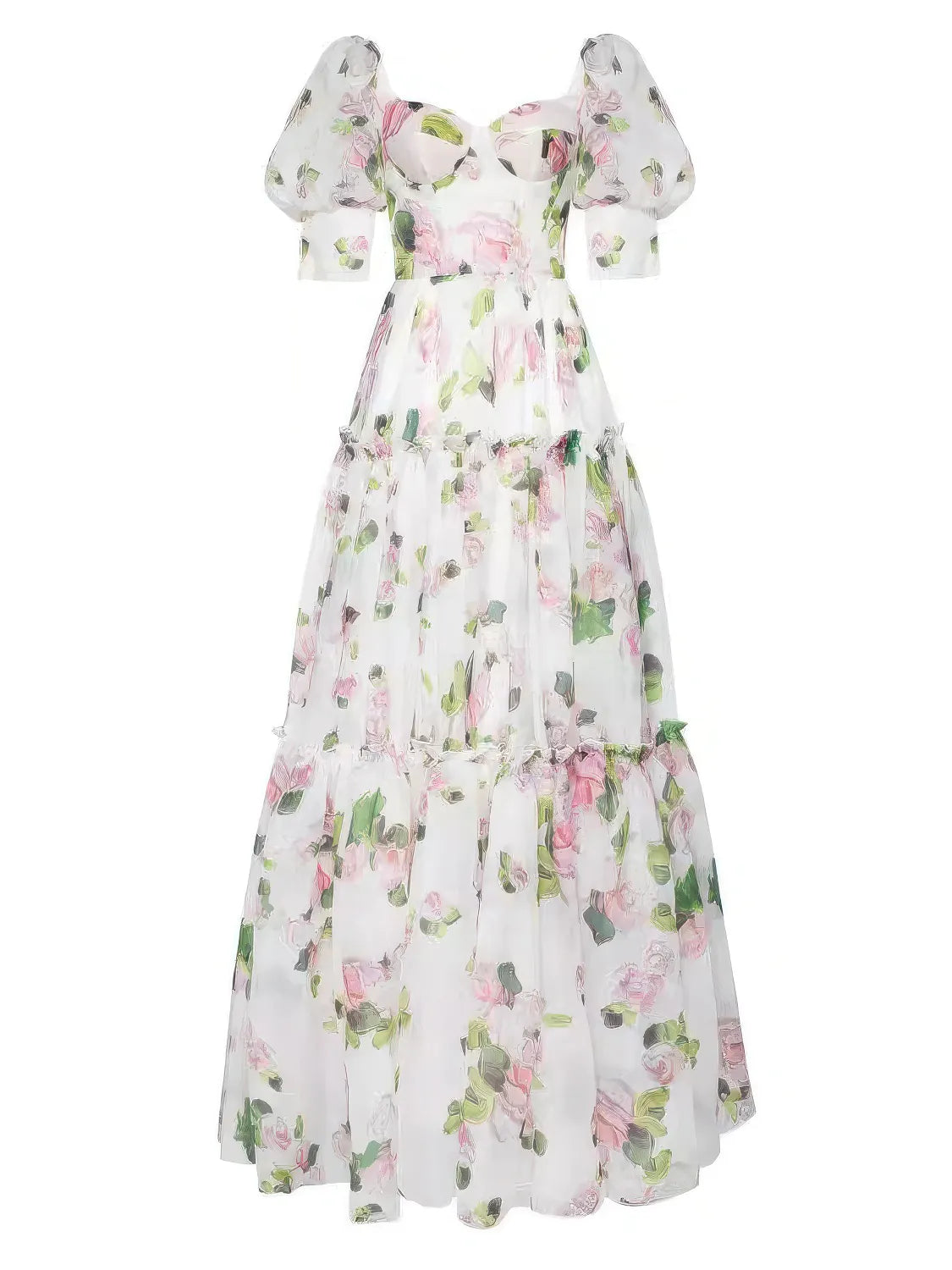 Floral dress with puff sleeves on a white background. #Color_Pink