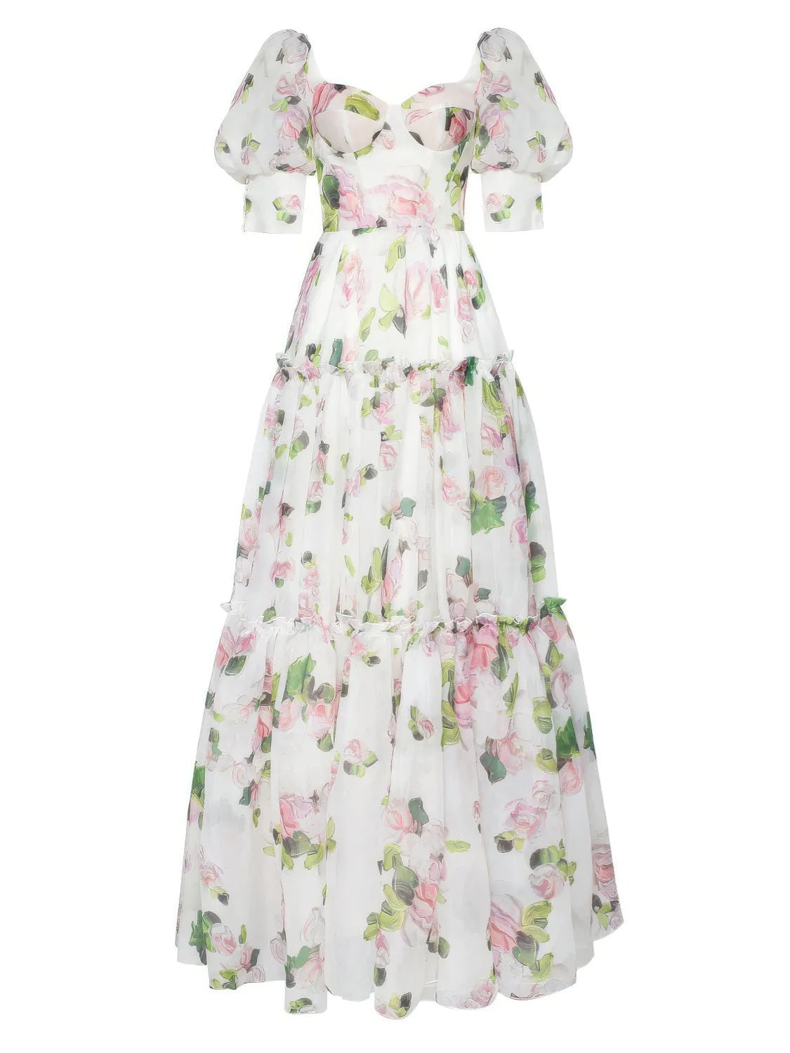 Floral dress with puff sleeves on a white background. #Color_Pink