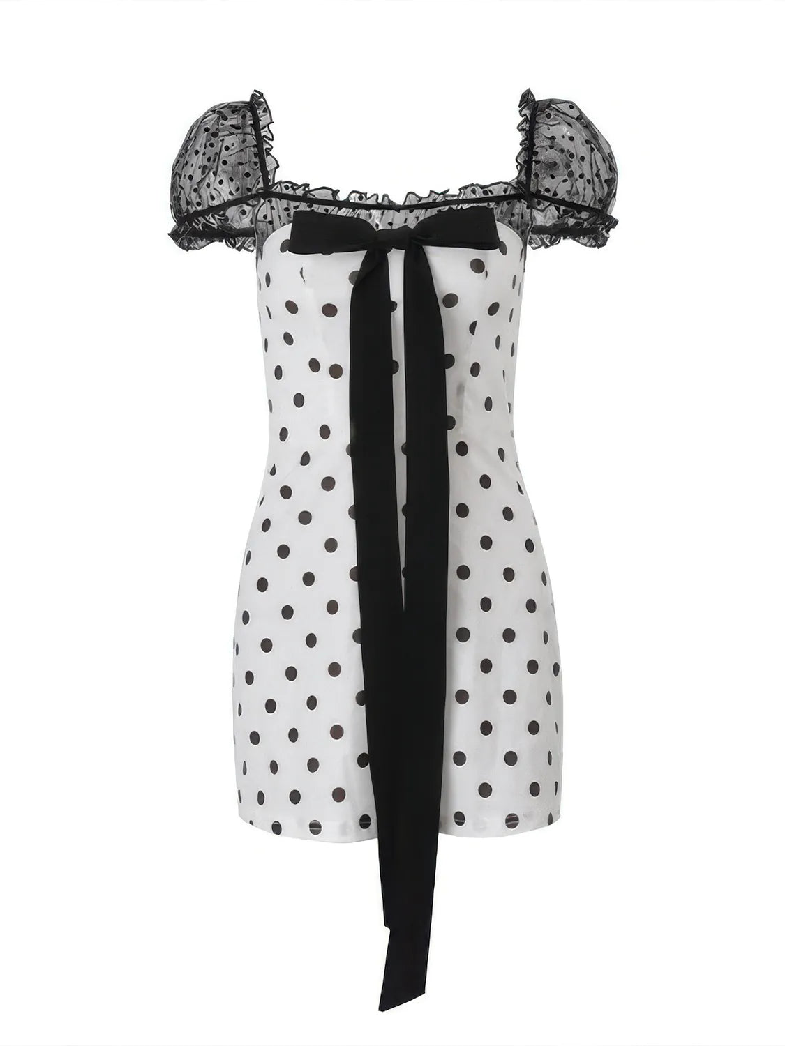 Square Neck Bow Tie Tulle Polka Dot Dress