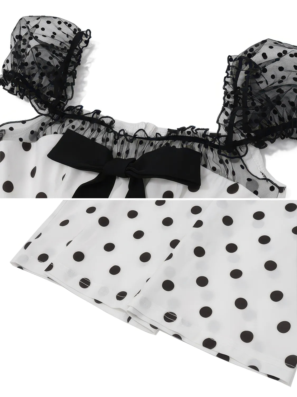 Square Neck Bow Tie Tulle Polka Dot Dress