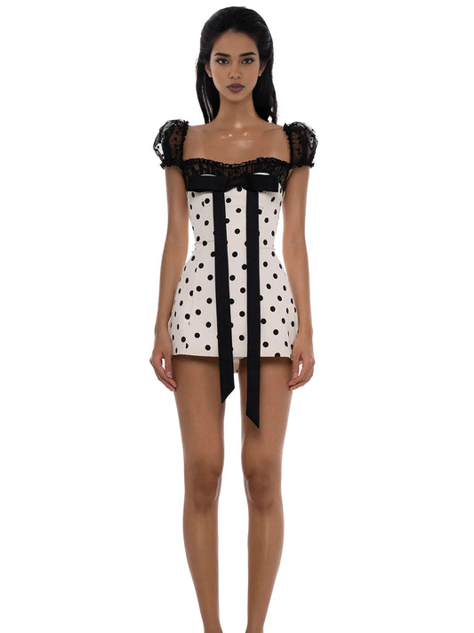Square Neck Bow Tie Tulle Polka Dot Dress