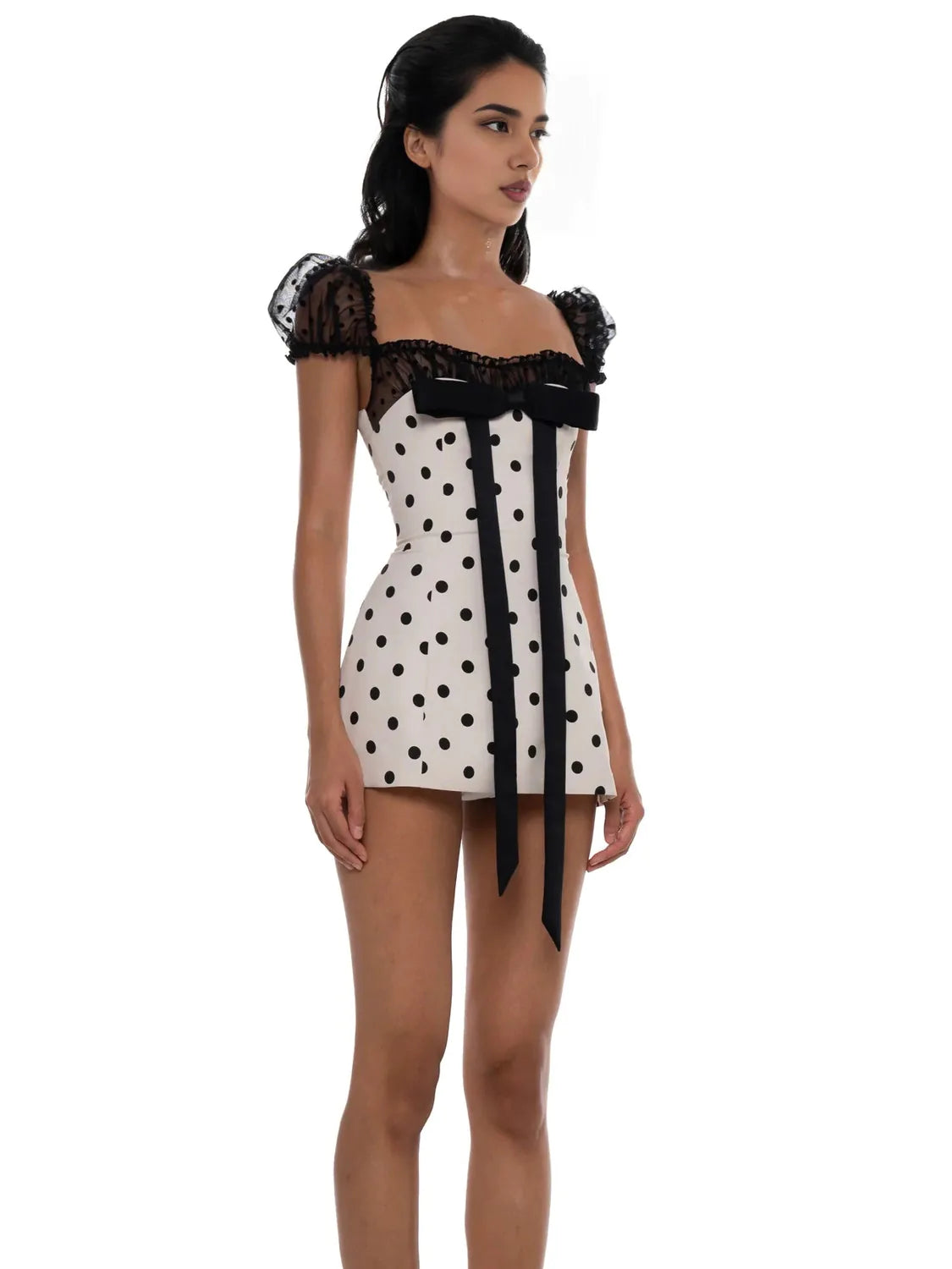 Square Neck Bow Tie Tulle Polka Dot Dress