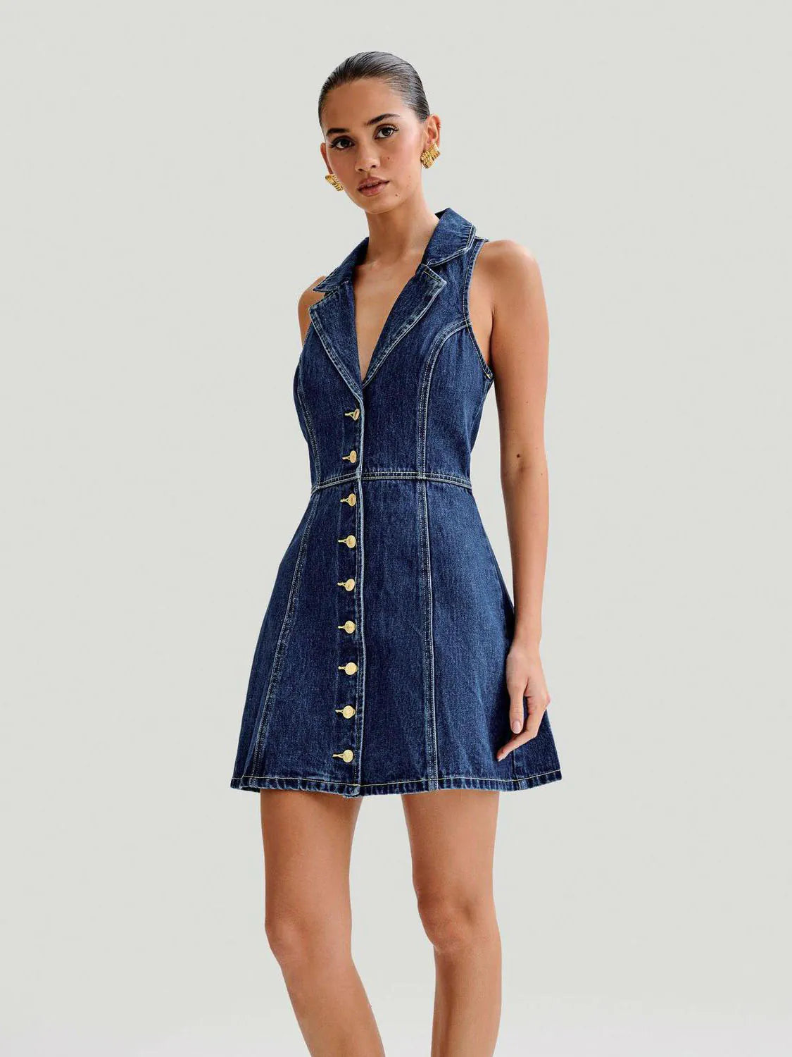 Lapel High Rise Sleeveless Denim Jumpsuits
