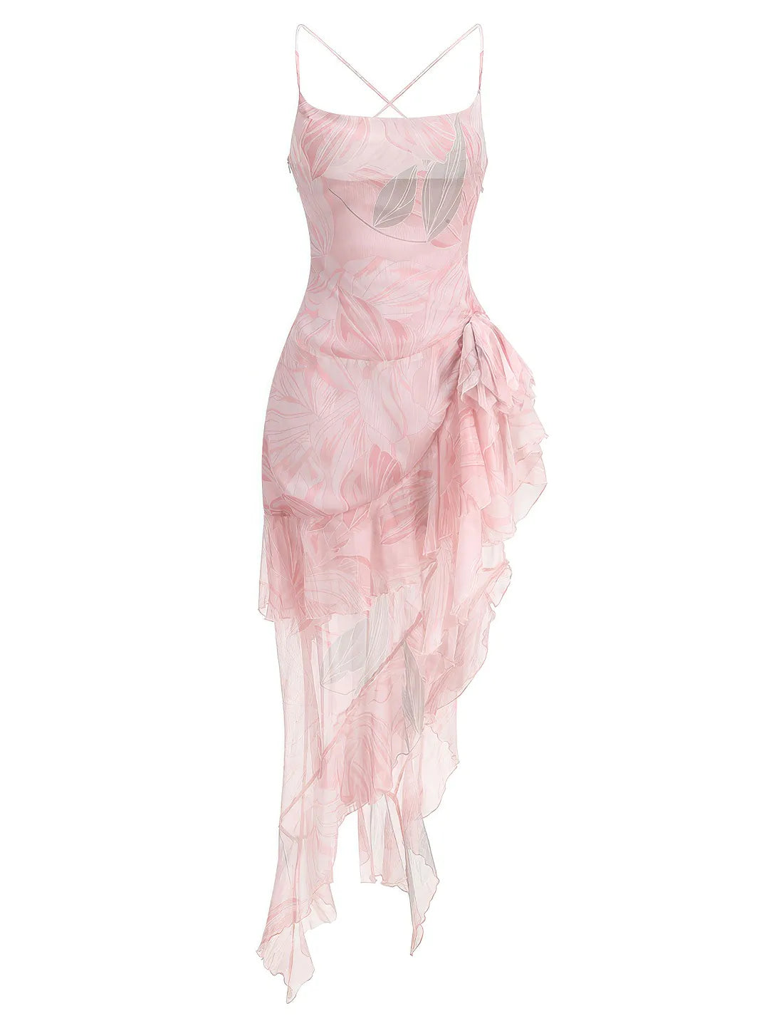 Pink dress with ruffled layers on a white background
