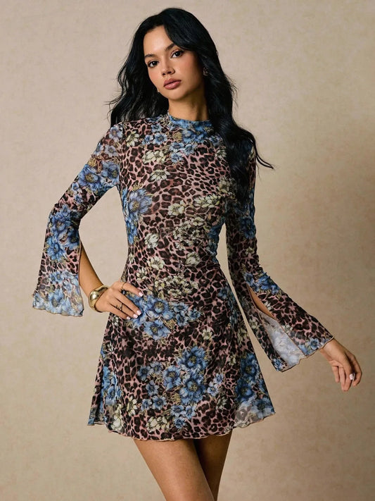 Double-layer round-neck mesh flower dress