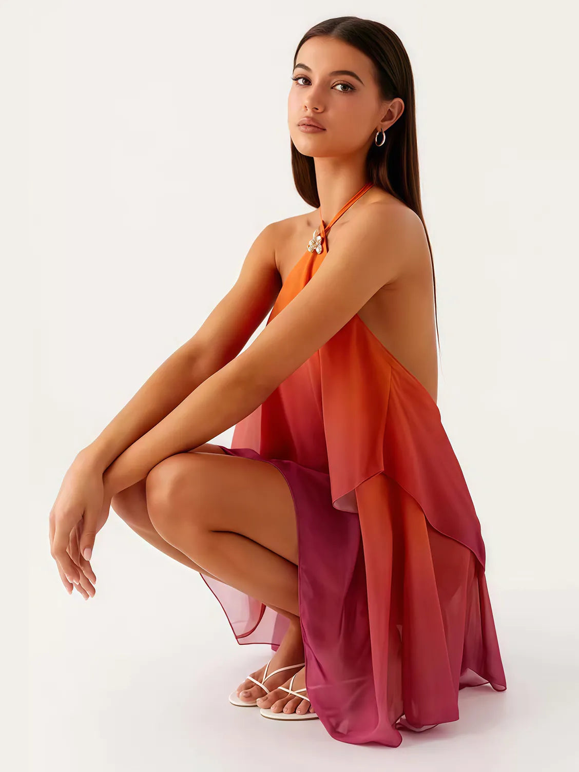 Woman wearing a colorful dress on a white background. #Color_OrangeRed