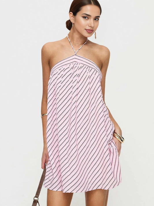 Striped halter neck and backless dress
