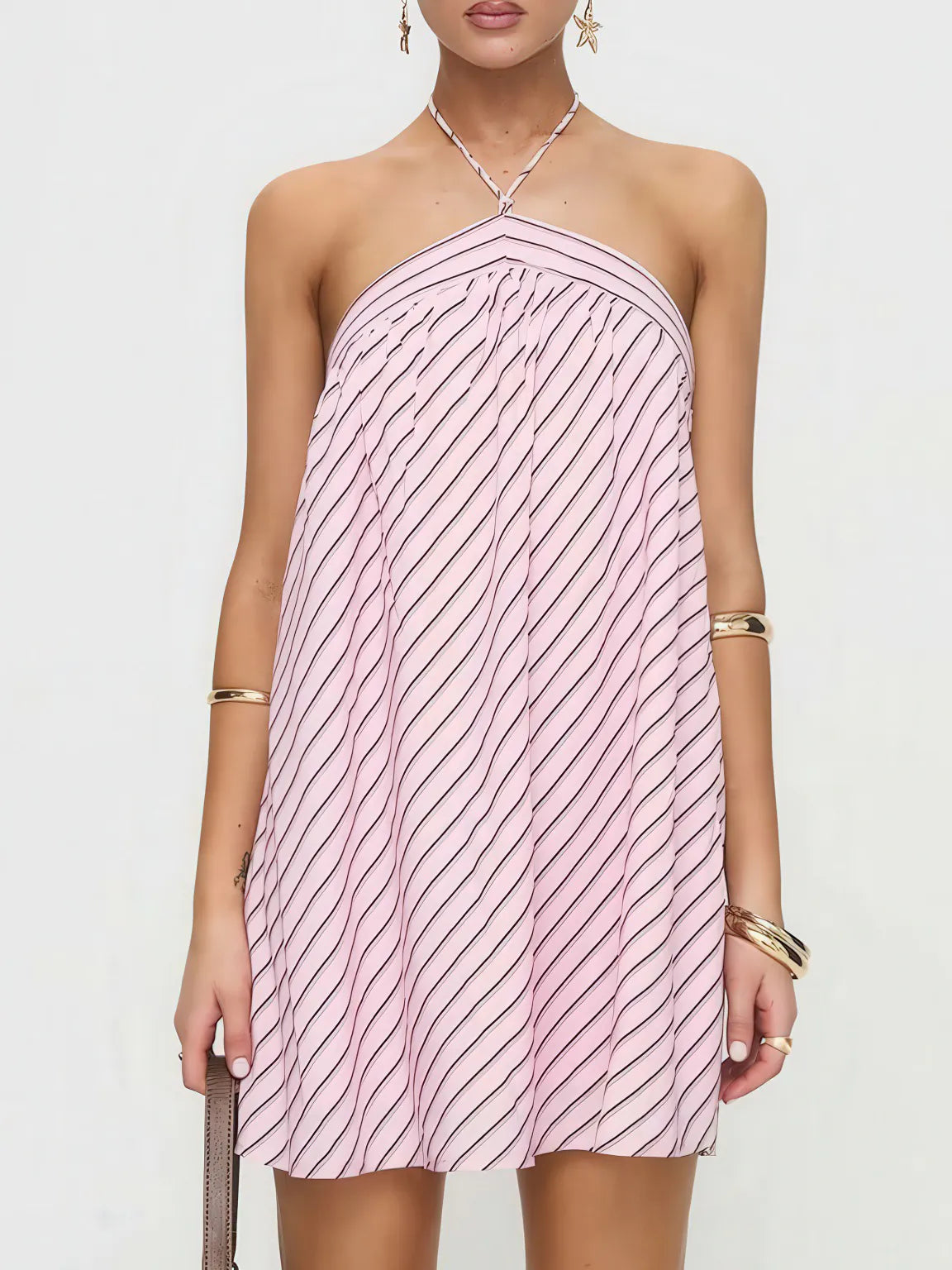 Striped halter neck and backless dress