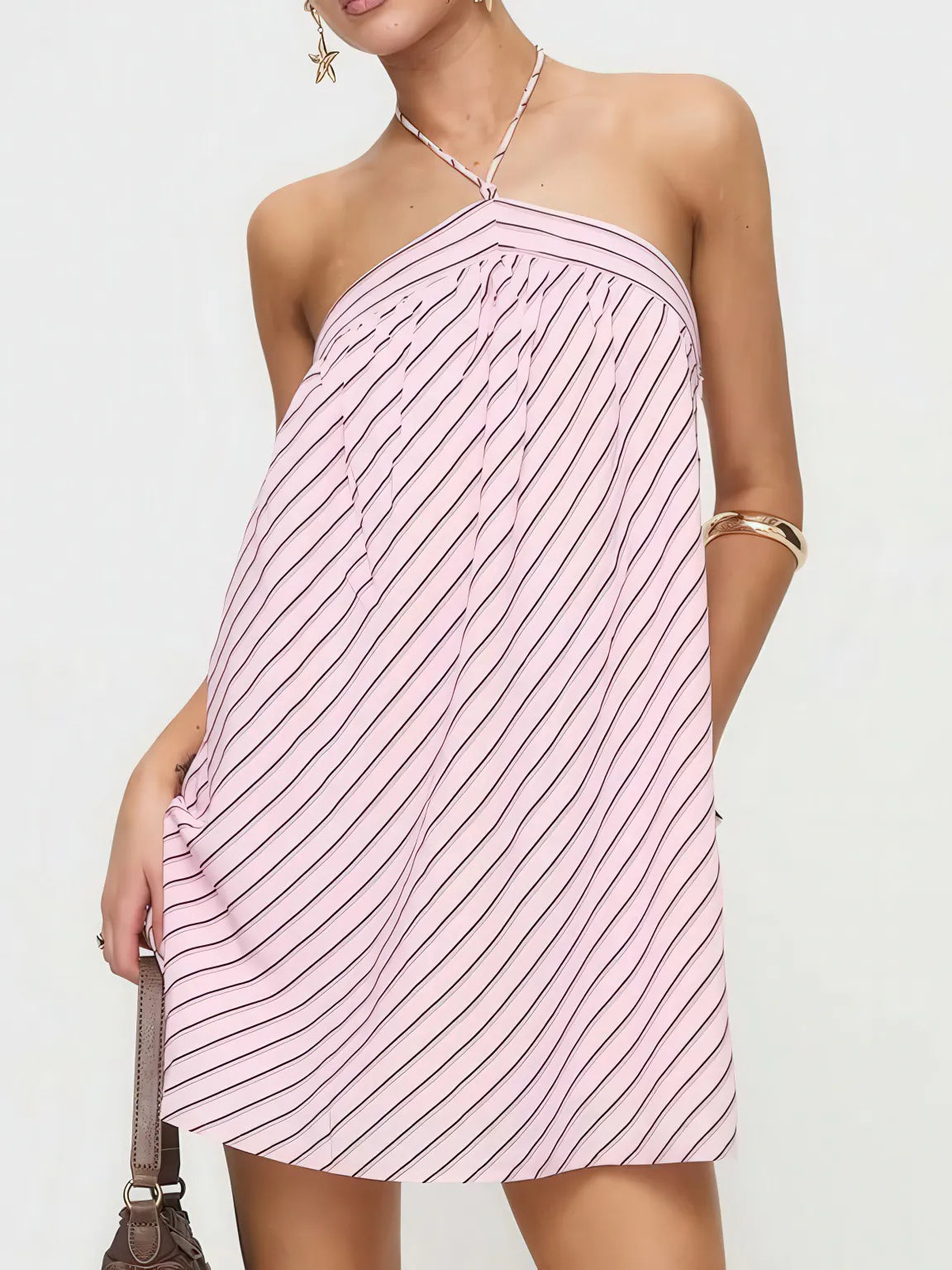 Striped halter neck and backless dress