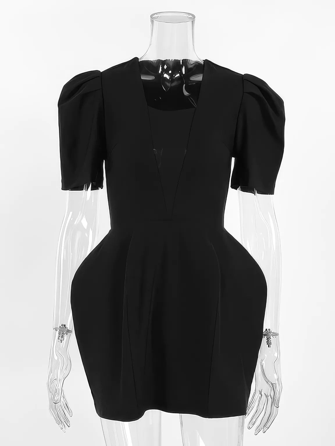 Square collar puff sleeve black dress