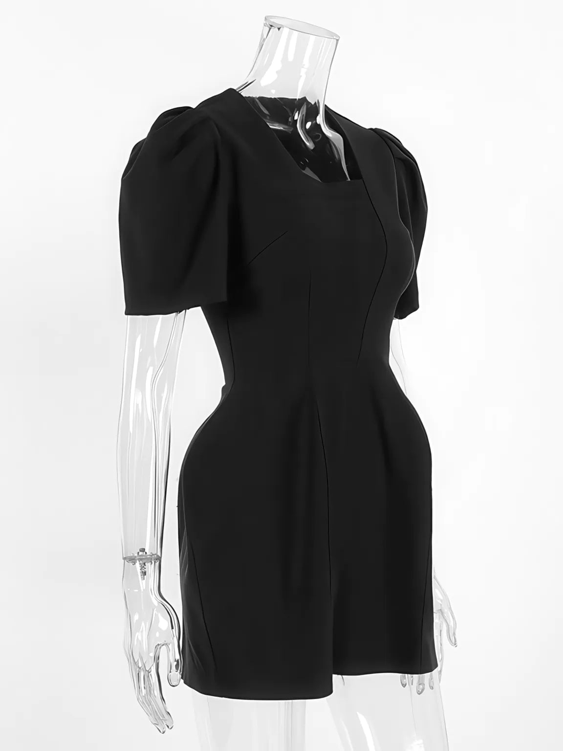 Square collar puff sleeve black dress