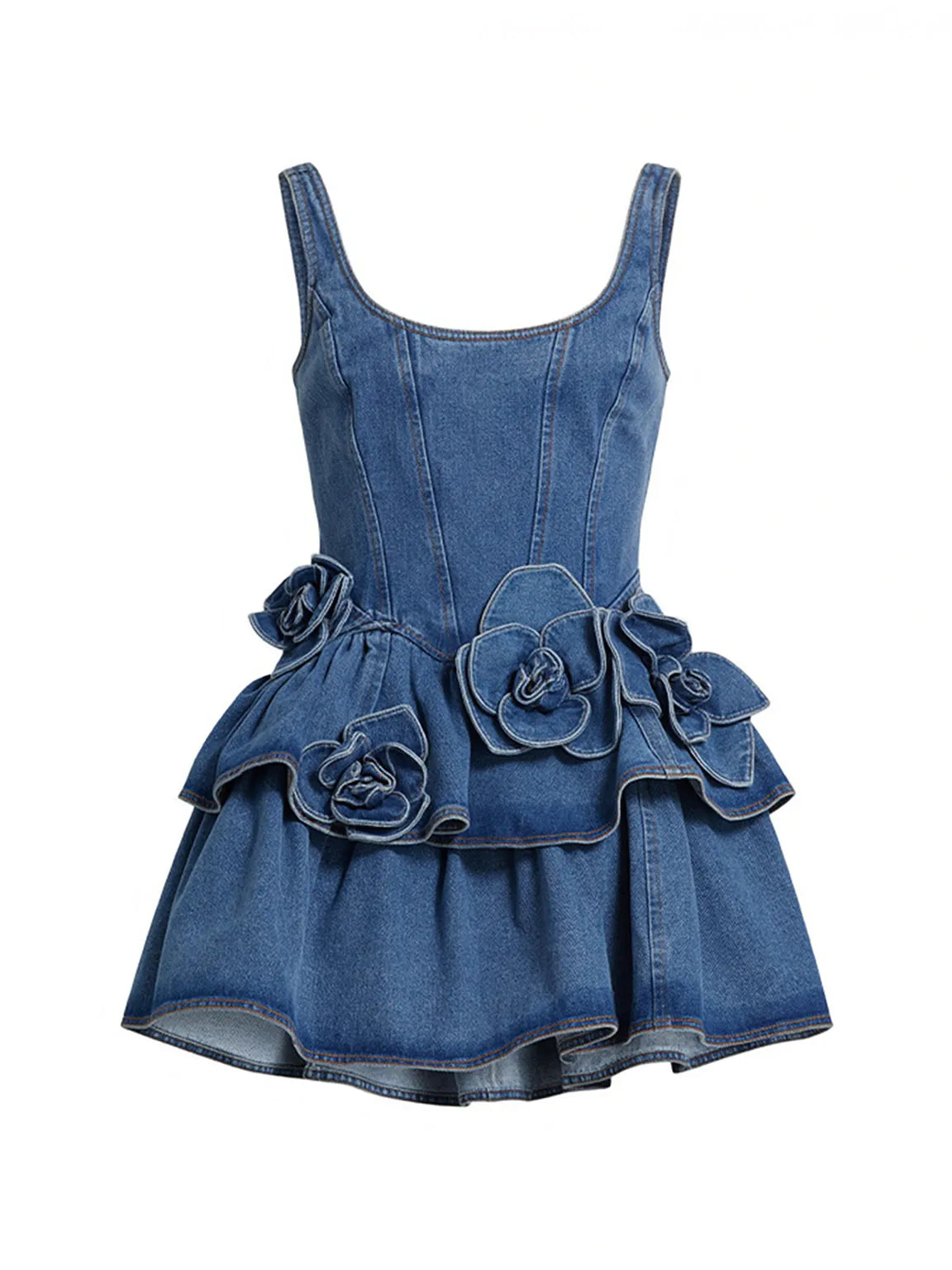 Trendy Double-Layer Flower Denim Strap Dress
