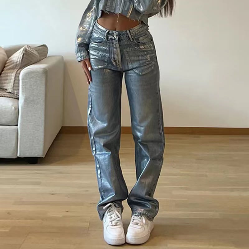Straight-leg silver-finished jeans
