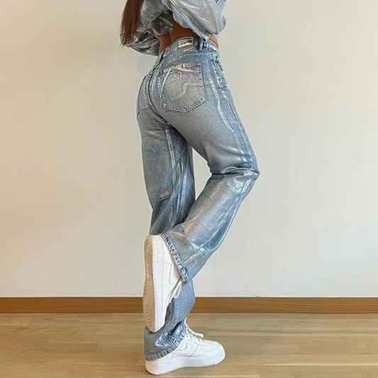 Straight-leg silver-finished jeans