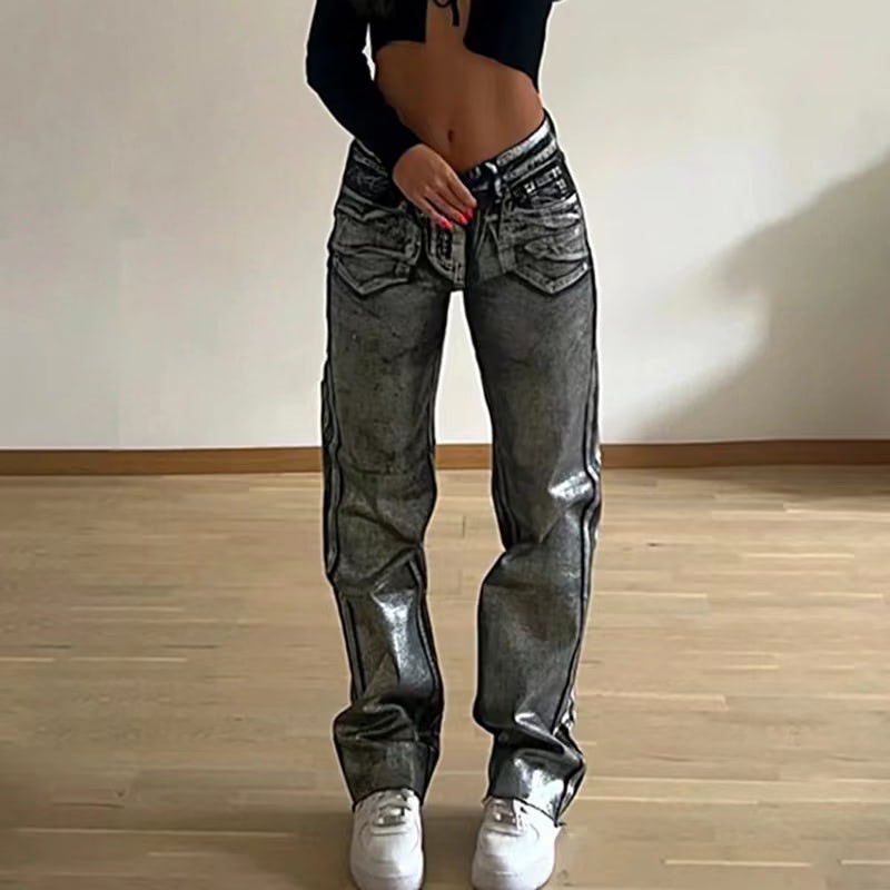 Straight-leg silver-finished jeans