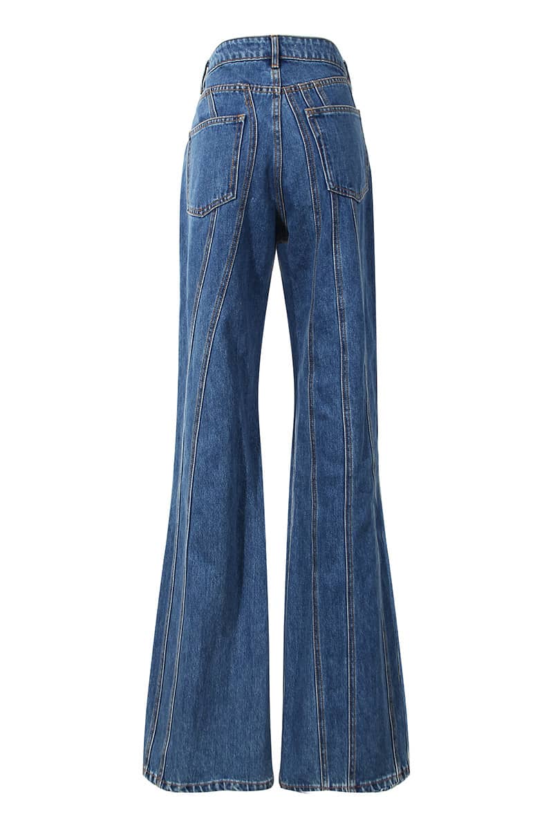 Asymmetric Waistline Denim Jeans with Multiline Patchwork