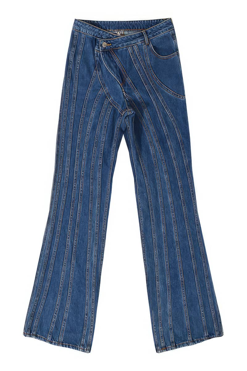 Asymmetric Waistline Denim Jeans with Multiline Patchwork