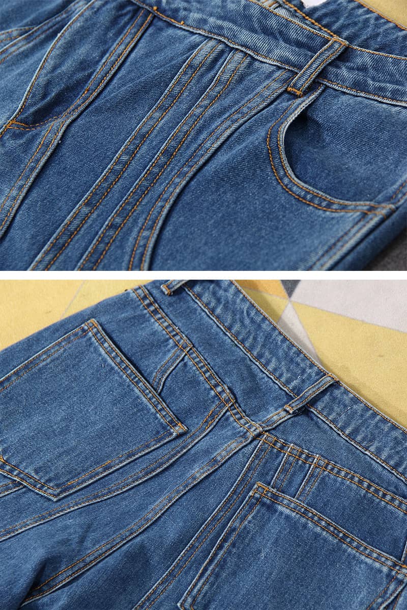 Asymmetric Waistline Denim Jeans with Multiline Patchwork