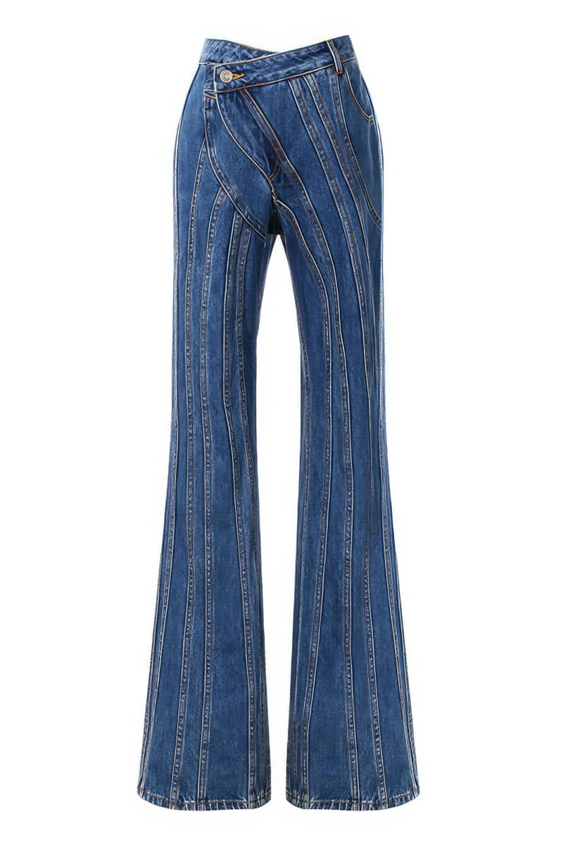 Asymmetric Waistline Denim Jeans with Multiline Patchwork