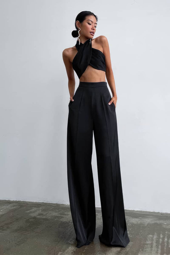 Simulated Silk Satin Draped Ice Silk Wide-Leg Trousers