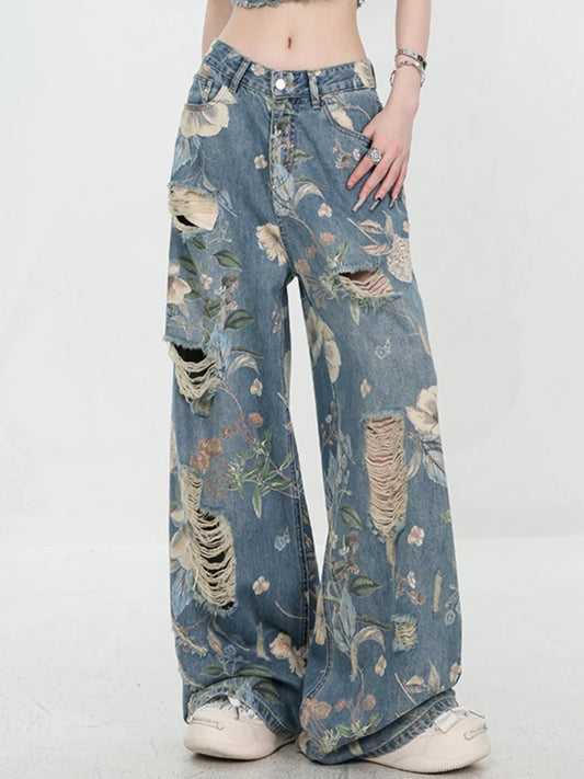 Vintage Printed Ripped Jeans for Women