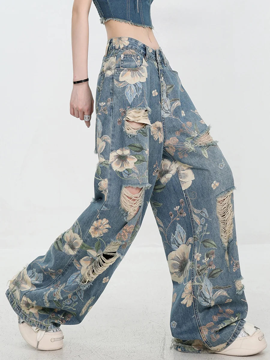 Vintage Printed Ripped Jeans for Women