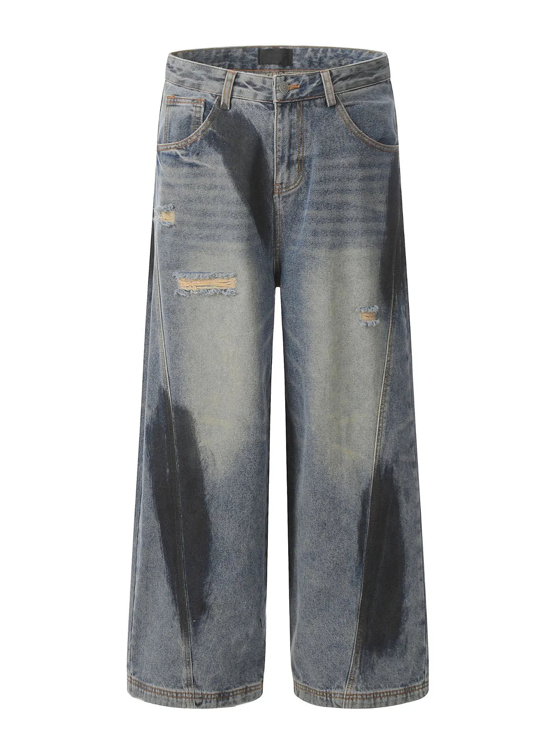 Loose-fitting wide-leg ripped and spray-painted distressed jeans