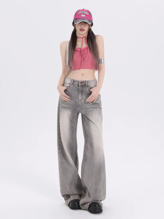 Gray Loose-fit wide-leg jeans for women