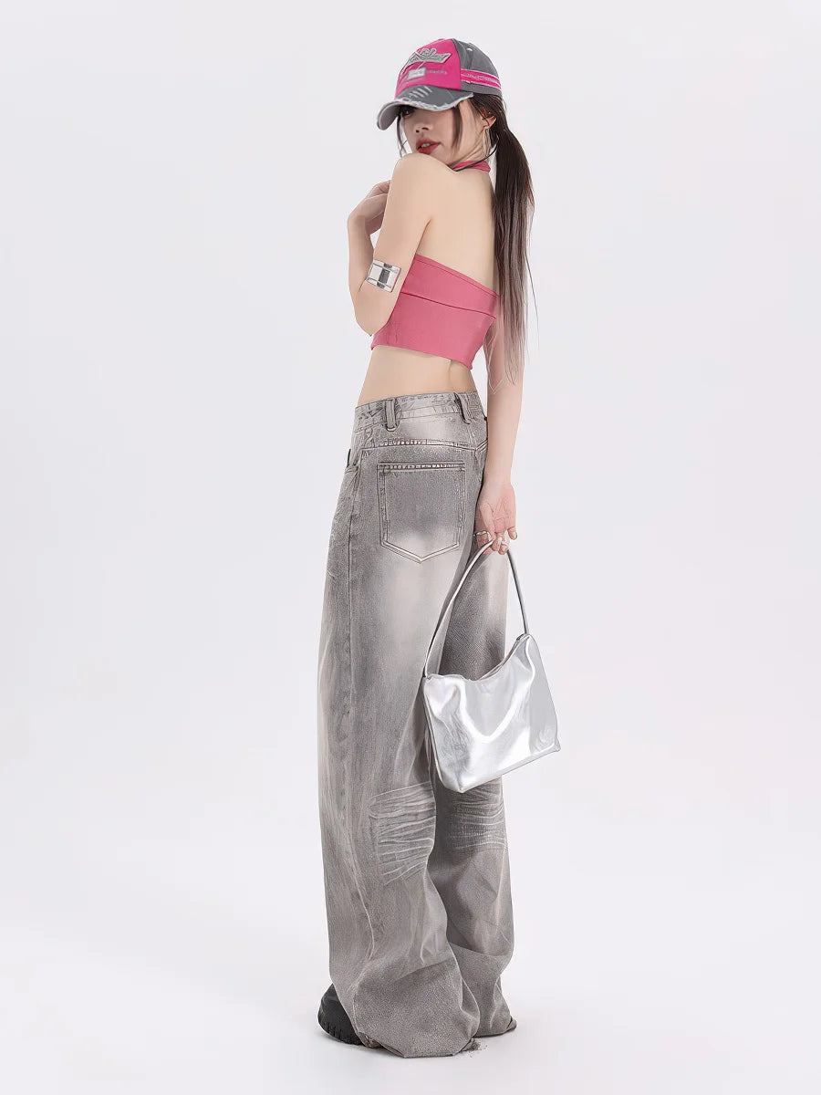 Gray Loose-fit wide-leg jeans for women