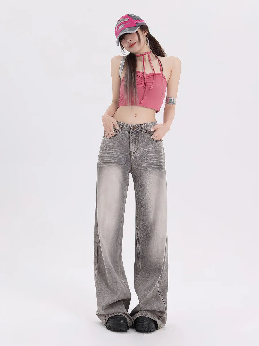 Gray Loose-fit wide-leg jeans for women