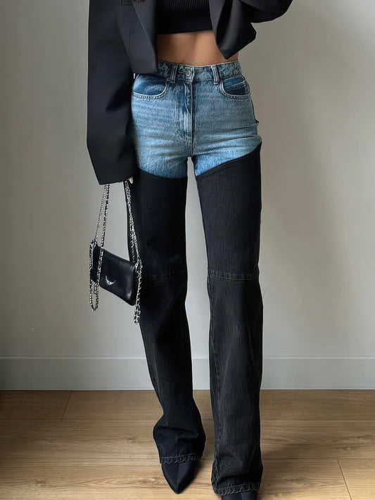 Casual Contrast Panel Straight-Leg Jeans