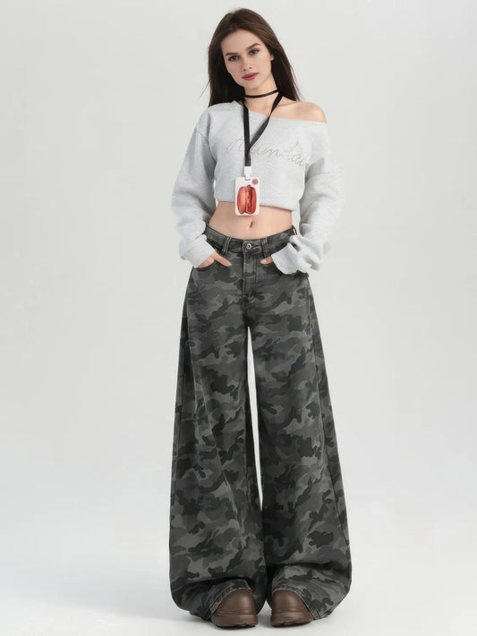 Camo High-Waisted Wide-Leg Casual Pants
