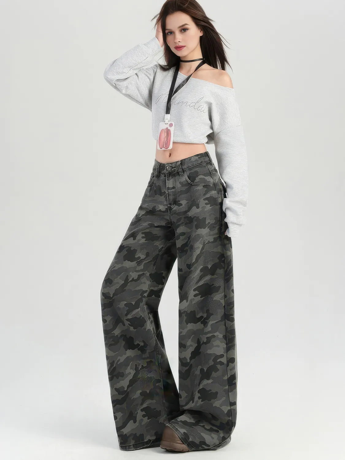 Camo High-Waisted Wide-Leg Casual Pants
