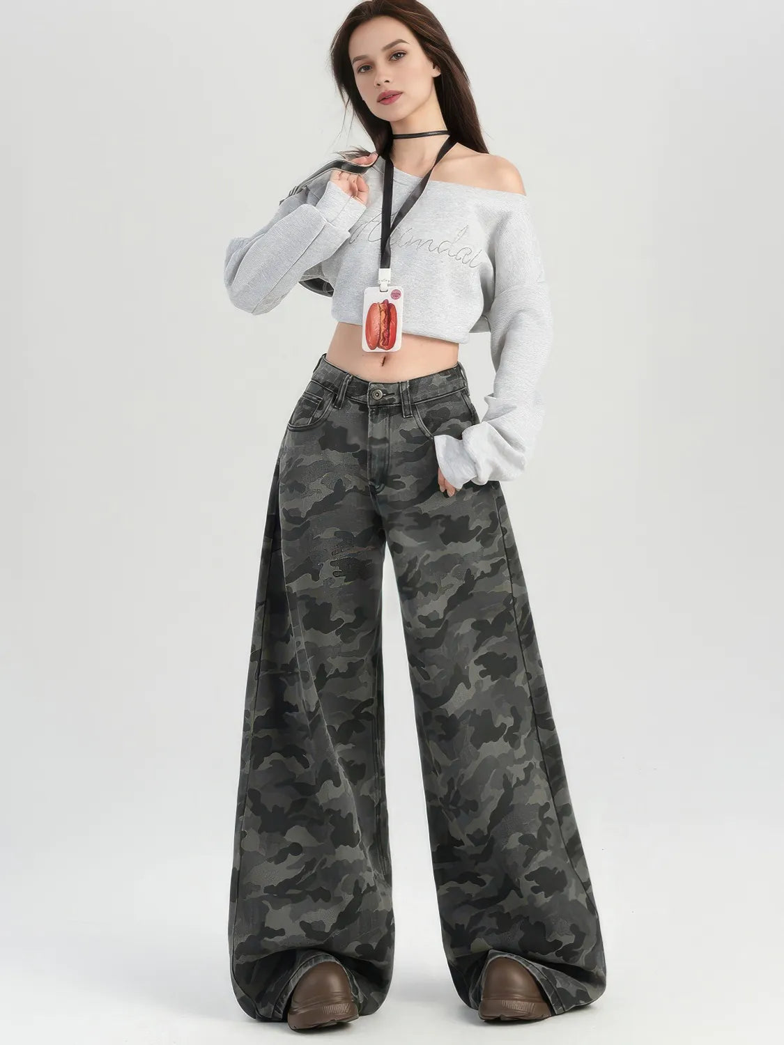 Camo High-Waisted Wide-Leg Casual Pants