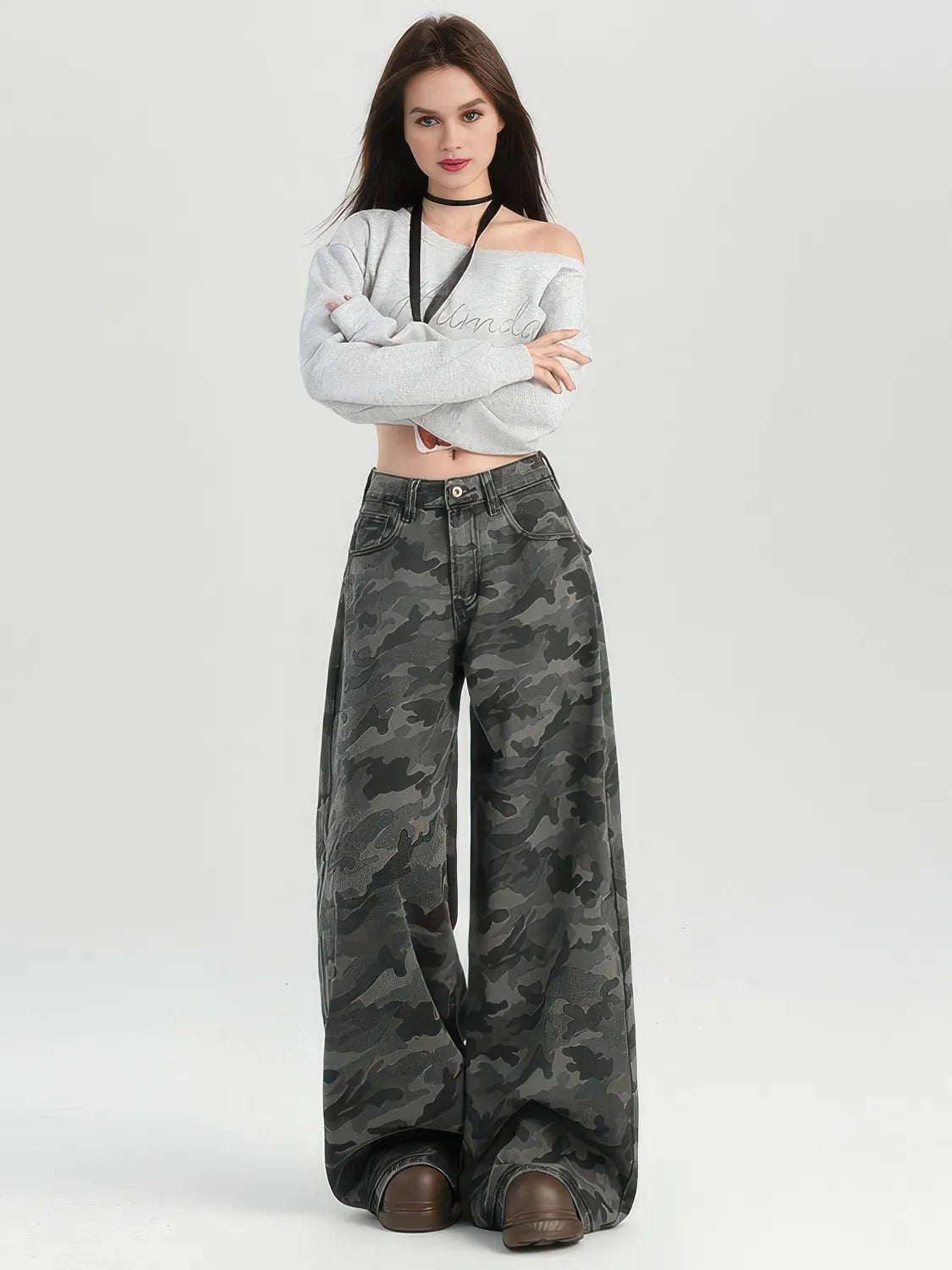 Camo High-Waisted Wide-Leg Casual Pants