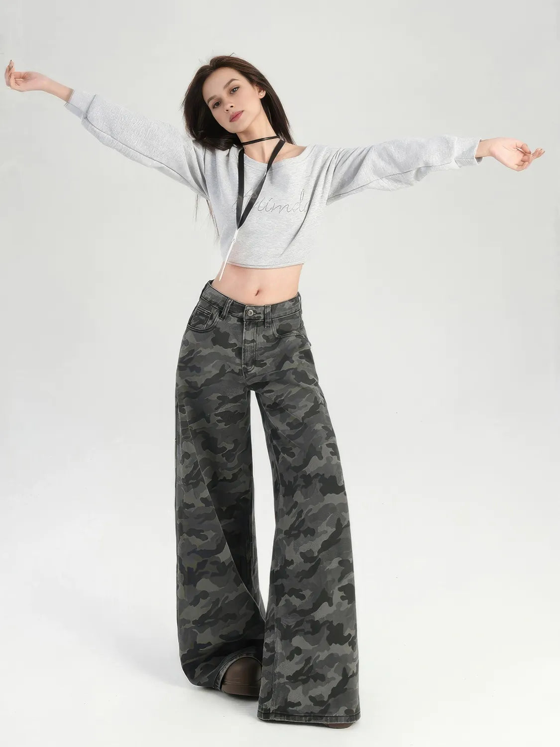 Camo High-Waisted Wide-Leg Casual Pants