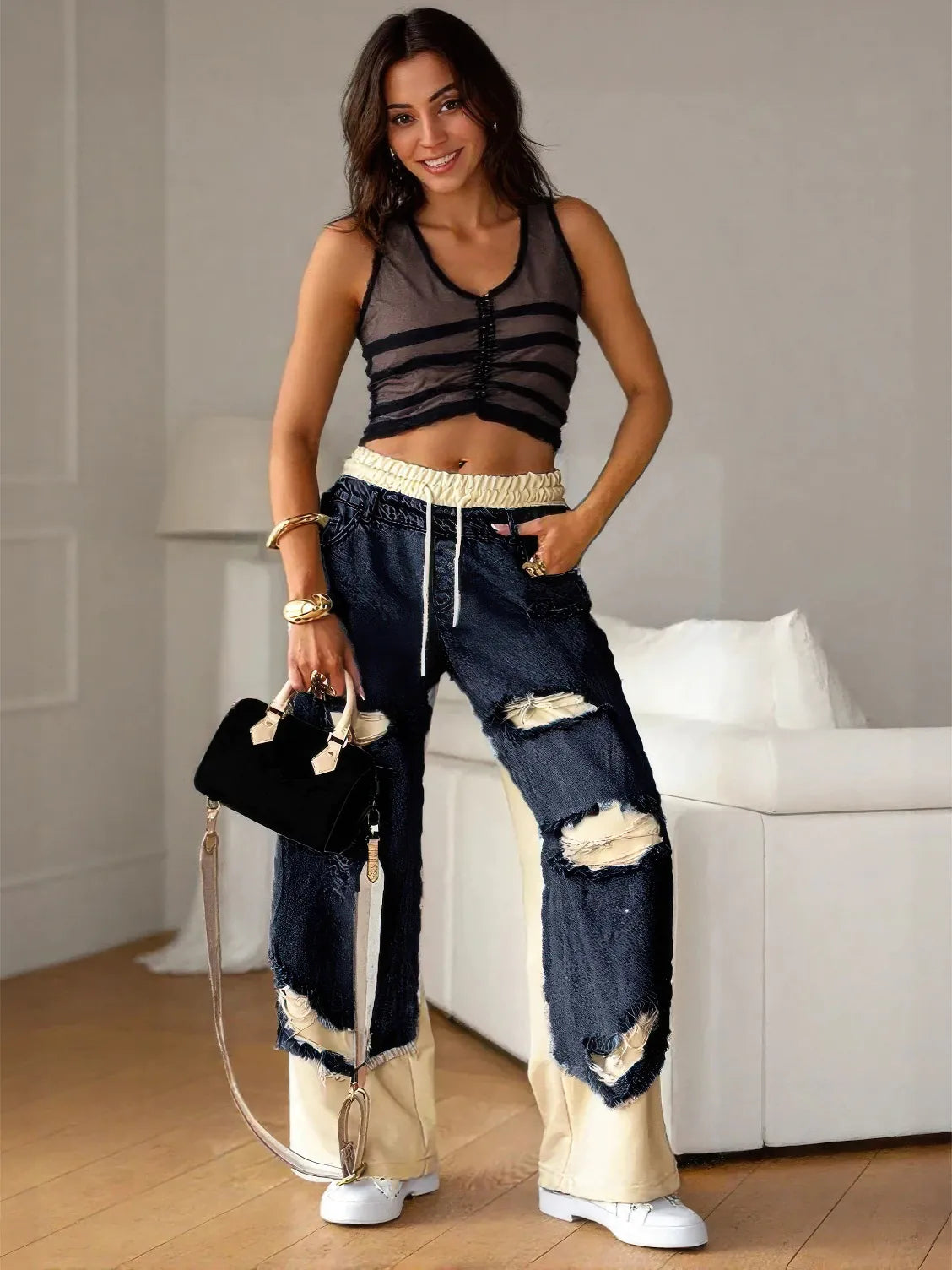 Stitched ripped jeans for women