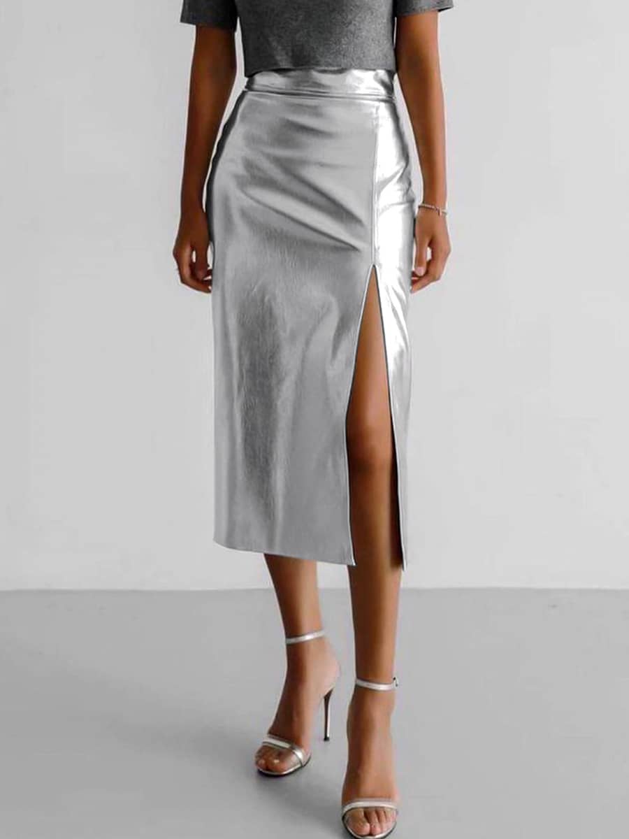 Silver PU leather leather skirt with slit high waist