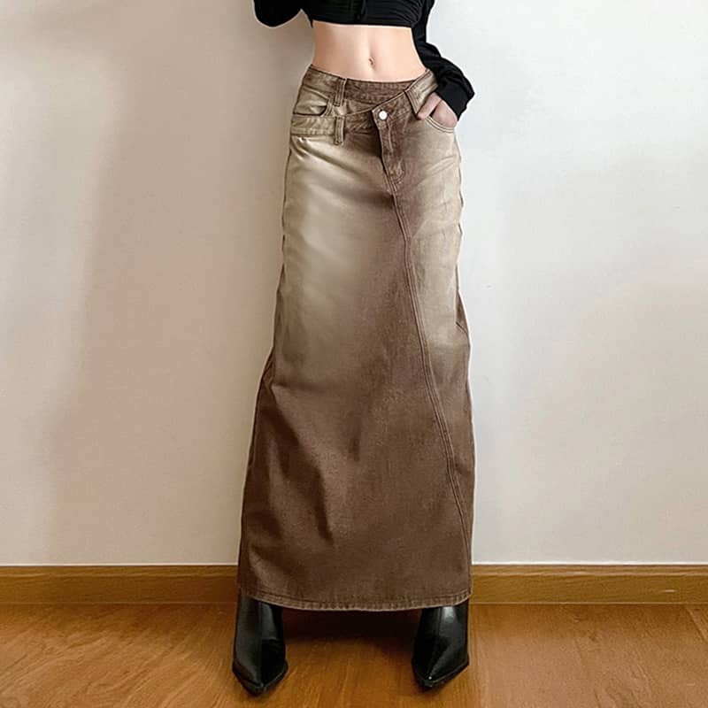 Retro gradient brown denim straight skirt