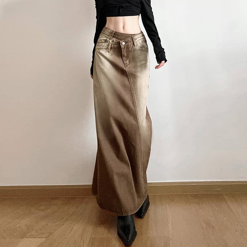 Retro gradient brown denim straight skirt