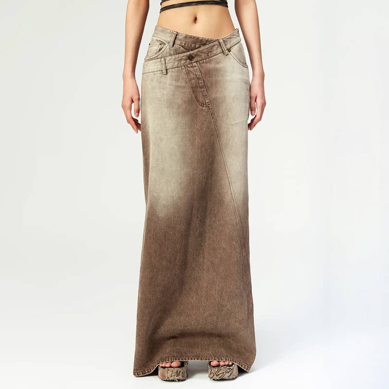 Retro gradient brown denim straight skirt