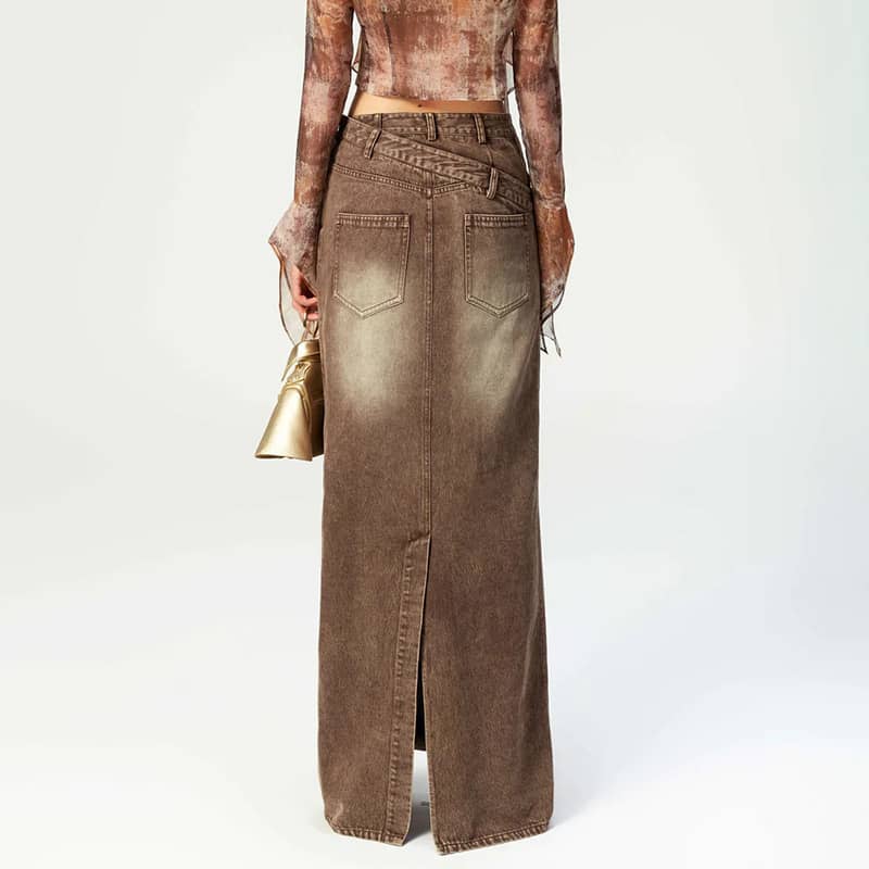 Retro gradient brown denim straight skirt