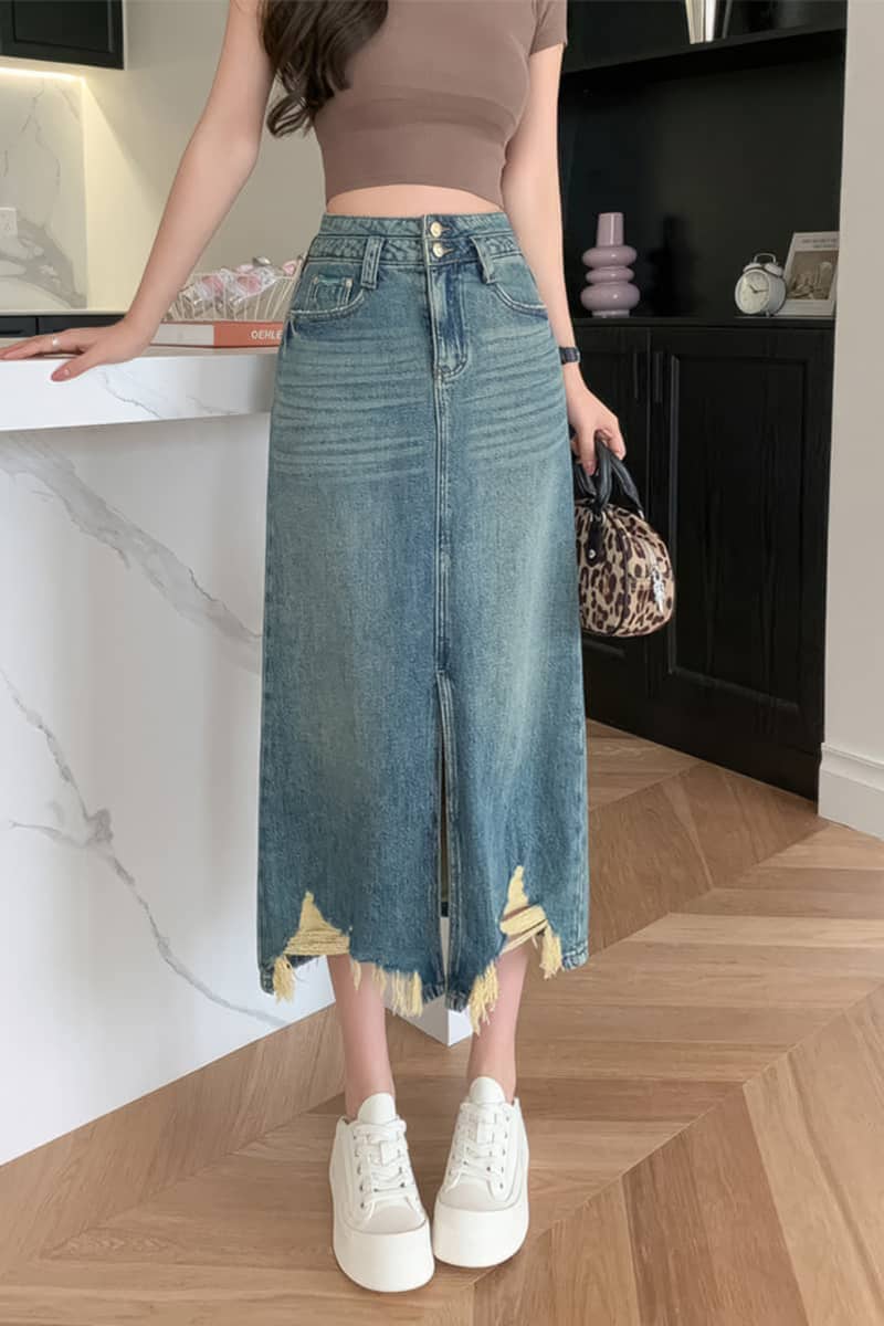 High waist slit denim skirt