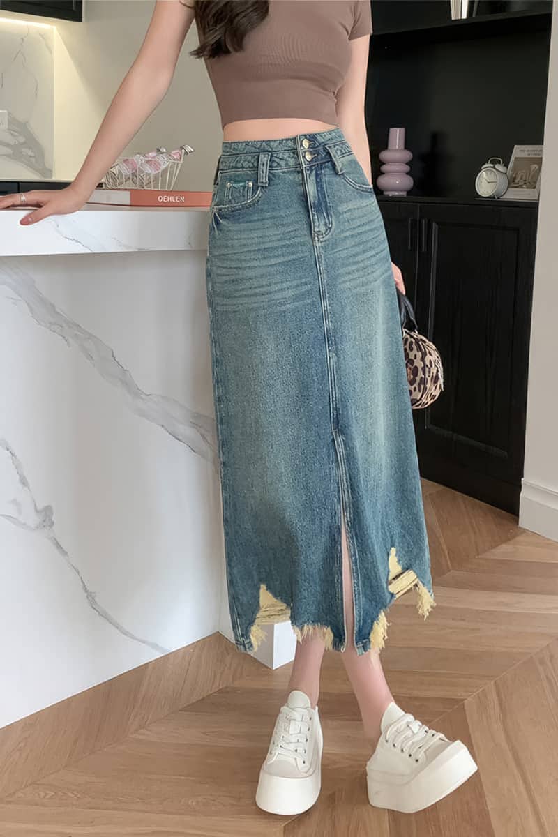 High waist slit denim skirt