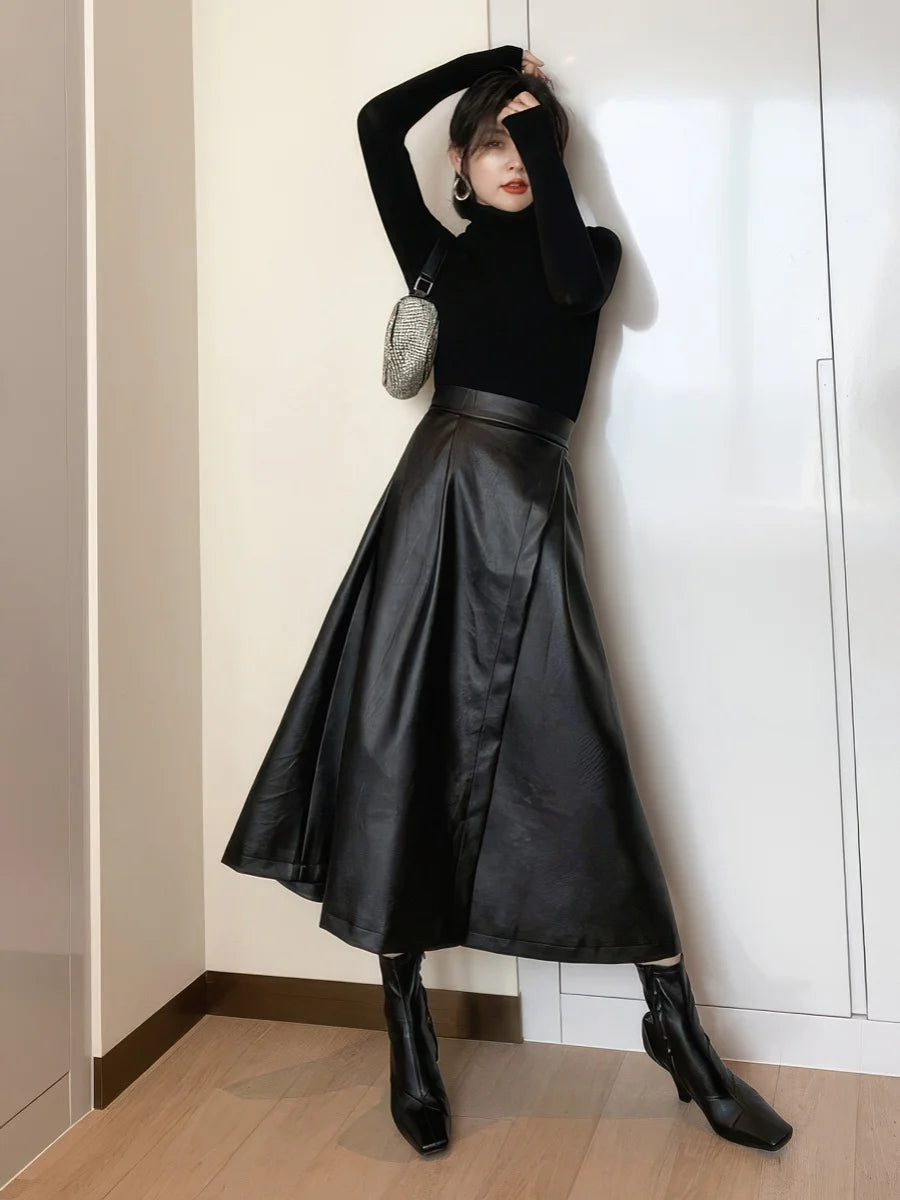 Black PU Swing A-line Skirt