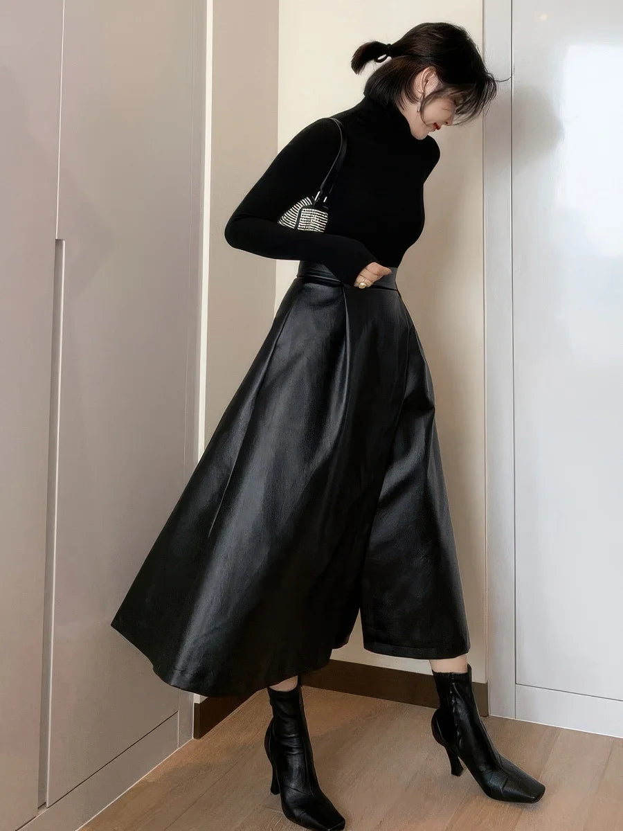 Black PU Swing A-line Skirt