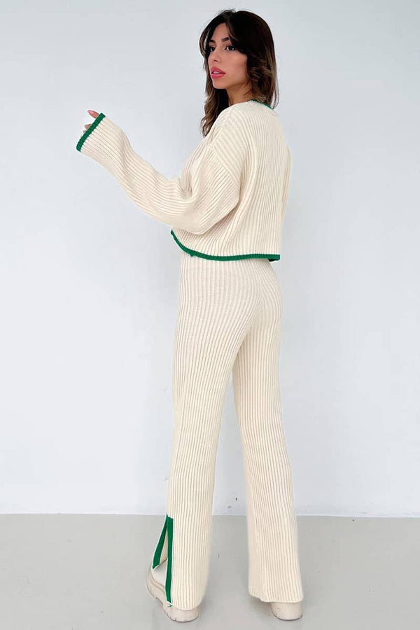 Devine Slit Striped Round Neck Top and Pants Sweater Set