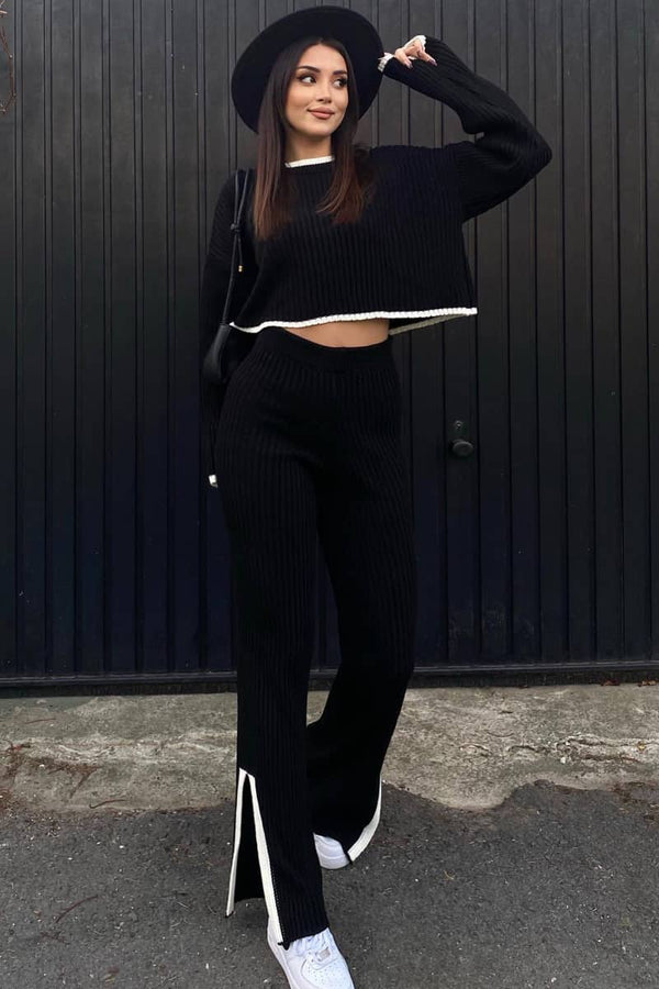 Casual Rib Knit Long Sleeve Cropped Sweater and Split Knit Pants Matching Set main image 0